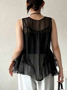 Women's Round Neck Open Front Mesh Patchwork Ruffle Hem Blouse - Black - View 4