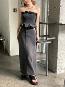 DAZY Women's Summer Casual Ruffle Bandeau Top And Denim Skirt Set - Black - View 5