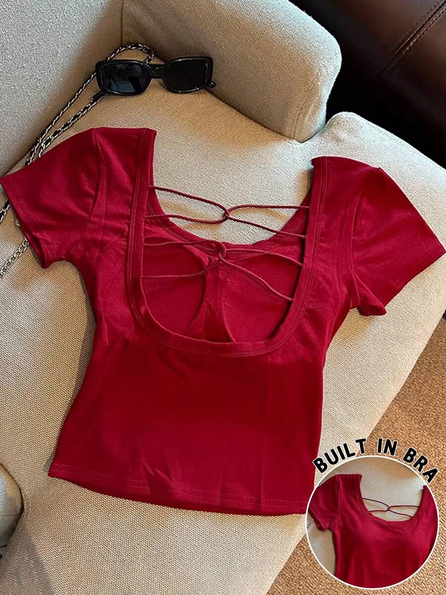 Airaco 镂空后背加厚短袖T恤 - 酒紅色 - 查看 1