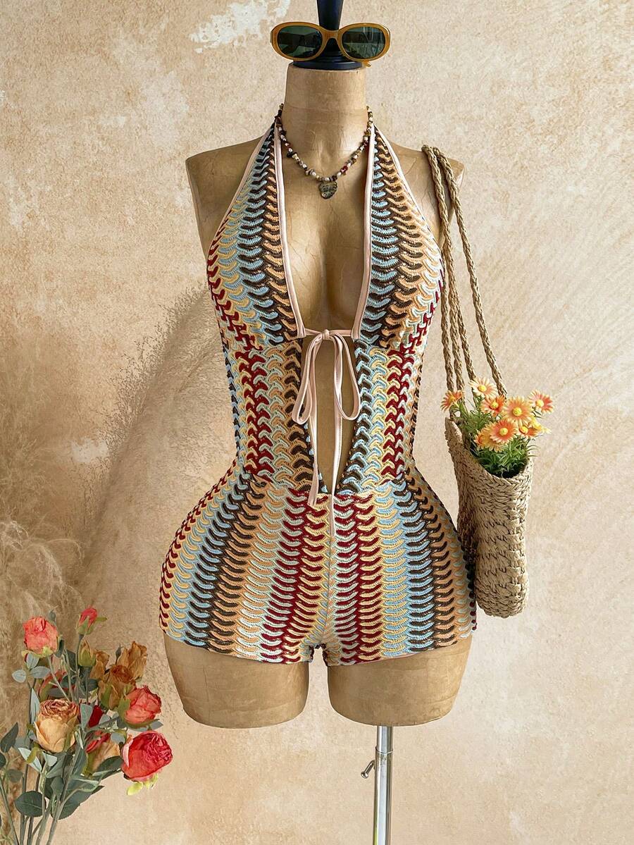 SHEIN WYWH Mono sexy con cuello en V profundo, frente con lazo y rayas para vacaciones de mujer - Multicolor - Ver 1