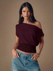 SHEIN BAE 黑色针织蕾丝拼接不对称肩部时尚女式上衣，秋冬款 - 紫紅色 - 查看 5