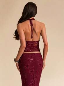 SHEIN BAE Atasan Camisole Tanpa Punggung dengan Hiasan Manik-Manik dan Bordir Biru, Cocok untuk Liburan, Pakaian Sehari-hari, Kencan, Pesta, Festival Musik, Atasan Musim Panas - Burgundy - View 2
