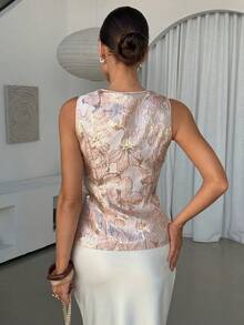 Camisa sin mangas de cintura ajustada con apariencia de lino color albaricoque, adecuada para el uso diario y el trabajo, verano - Rosa - Ver 2