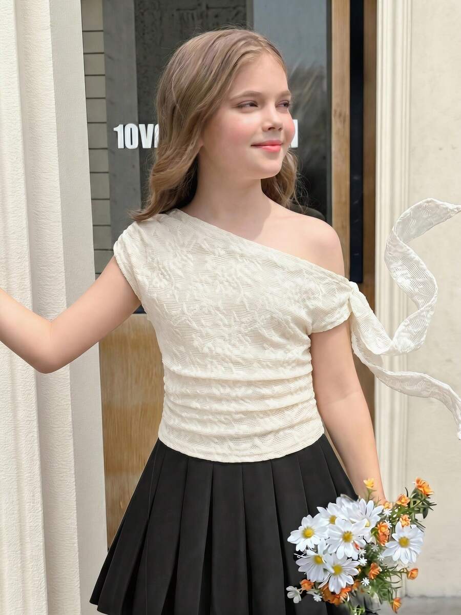 SHEIN Tween Girl Summer Cute White Lacey Top,Linen Crochet Lace Ruffle Asymmetrical One Shoulder Tie Strap Flowy Blouse For Teens,City Break Vacation Boho - Beige - View 1