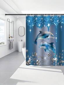 1 pieza/ 4 piezas Juego de cortina de baño de lujo con delfín y diamantes Conjunto premium de poliéster impermeable y resistente al moho, extra ancho, decoración de baño con estampado de animales marinos, estilo moderno azul y plateado, regalos de - Multicolor - Ver 6
