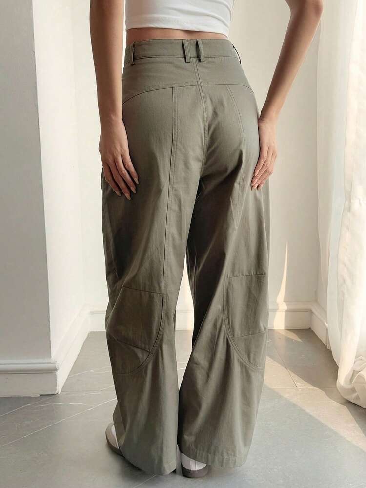 Women's Casual High Waist Solid Color Cargo Pants With Large Pockets, Street Style
