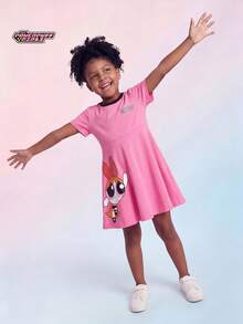 THE POWERPUFF GIRLS X SHEIN Maija Kids 女童卡通动物印花柔软针织圆领短袖连衣裙 - 淺粉色 - 查看 2