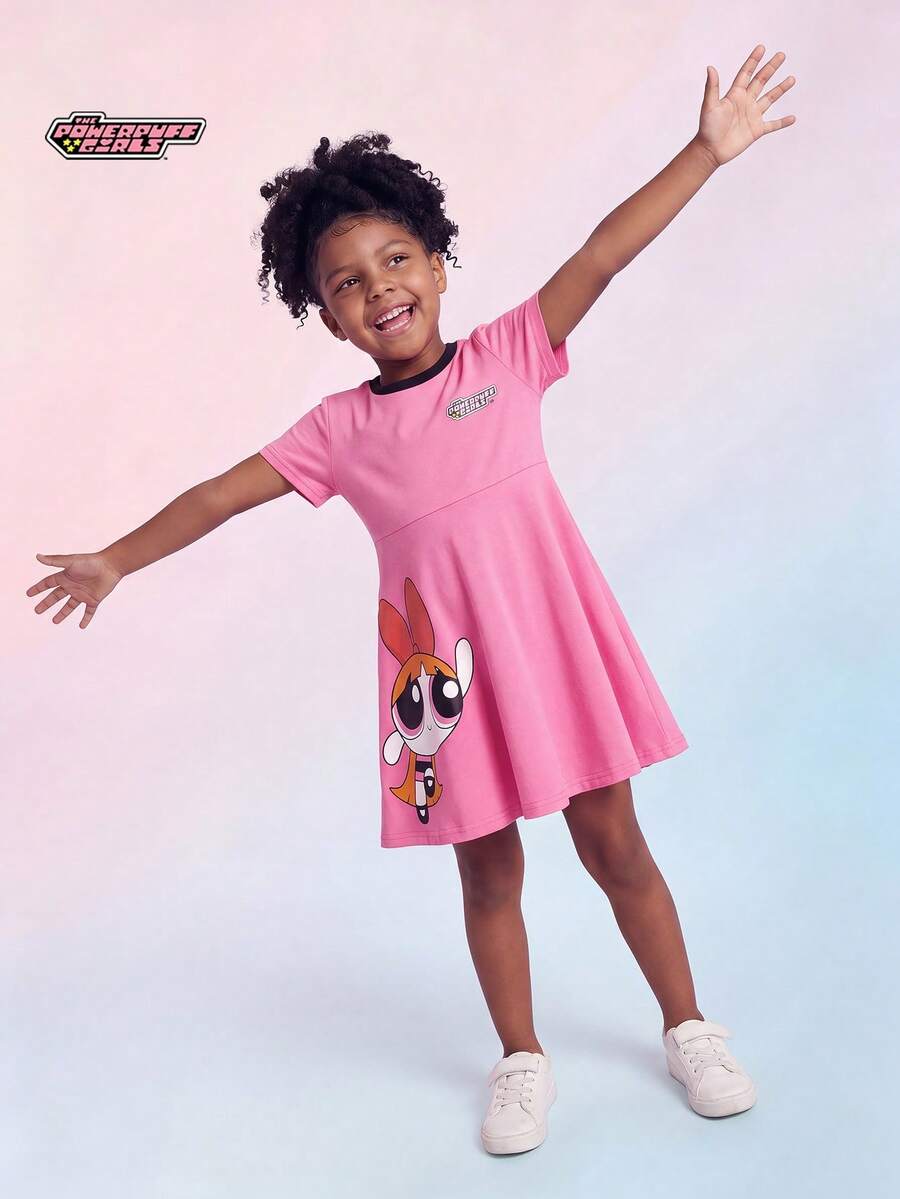 THE POWERPUFF GIRLS X SHEIN Maija Kids Đầm ngắn tay cổ tròn chất liệu mềm mại in hình động vật hoạt hình cho bé gái - Màu Hồng baby - Xem 1