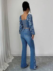 Elenzga 2pcs/Set Women's Stylish Denim Outfit, Long Sleeve Cold-Shoulder Top And High Waist Pants - Medium Wash - View 2