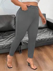 SHEIN PETITE Casual Minimalist Solid Color Elastic Waist Slim Fit Skinny Pants - Dark Grey - View 4