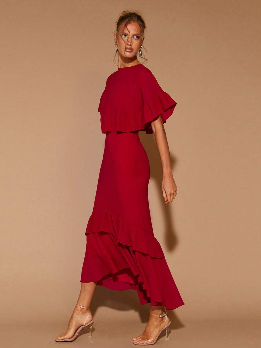 COSMINA Vestido largo de cuello redondo con volantes elegante para mujer, adecuado para citas, fiestas y todas las estaciones - Fiery Red - Ver 1