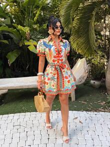 SHEIN SXY Bohemian Tropical Print Front Button A-Line Dress - Multicolor - View 6
