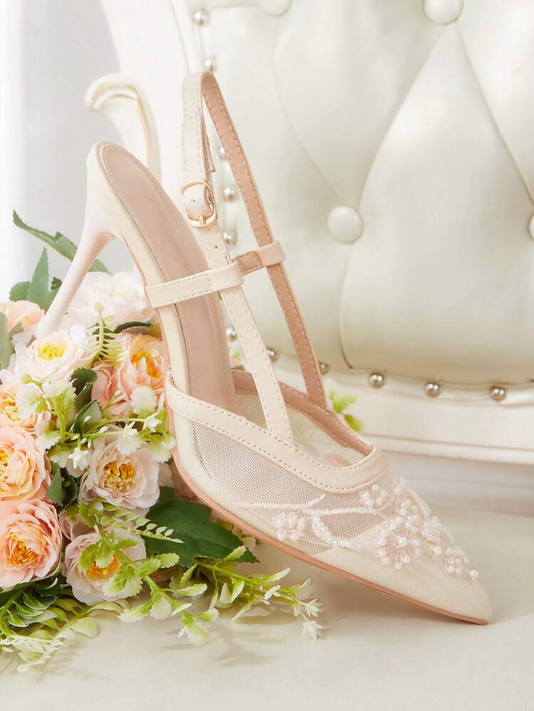 CUCCOO HITCHD Women Shoes Spring Summer Elegant Pearl Embroidery After Empty Tip Hasp Stiletto Mesh 9cm Women's High Heel Shoes Daily Dating Party Wedding