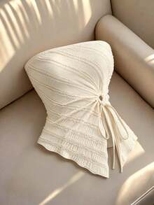 Women's European And American Strapless Sleeveless Textured Fabric Party Gathering Ruched Asymmetric Elegant Knit Stretchy Top - Apricot - View 5