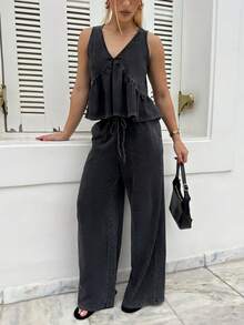 BiaLiraa Women's Vintage Distressed Snow Washed V-Neck Camisole And Pants 2-Piece Set, Summer - Black - View 5