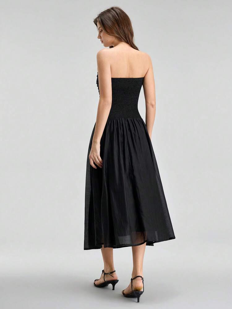 Women's Elegant Black Summer Party Dress,High-Quality Fabric,Fitted Top,A-Line Skirt,Waist Cinching,Business Casual Office Wear,Old-Money Style