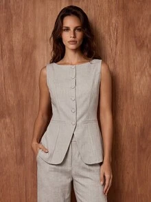 RueChic Women, Spring, Summer, Button, Top, Blazer, Office Light Grey Elegant - Brown - View 1