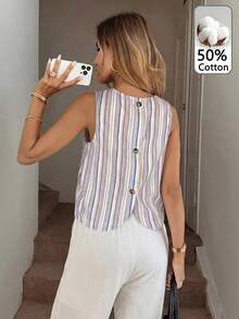 SHEIN LUNE Women's Casual Striped Sleeveless Button-Up Shirt,Summer Top - Blue - View 3