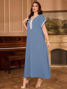 Al Najma Embroidered Floral Shoulder Sleeve V-Neck Elegant Arabic Dress - Dusty Blue - View 5