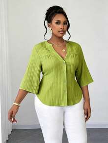 Maweii Áo khoác cardigan nữ cỡ lớn, màu trơn, kiểu dáng tối giản, cổ chữ V, tay lửng, thanh lịch, thích hợp mặc đi làm, mùa xuân/thu. - màu xanh lá - Xem 5