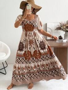 SHEIN PETITE CURVE Spring/Summer New Petite Women's Vintage Boho Square Neck Short Sleeve Casual Elegant Romantic Vacation Floral Print Maxi Dress With Hem Splice Brown - Multicolor - View 6