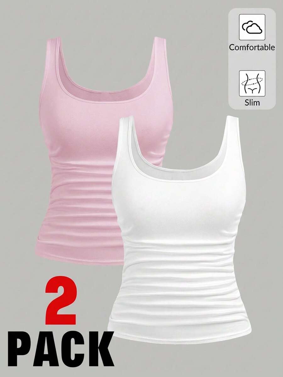 SHEIN Girlism 2件套少女黑白休闲圆领褶皱腰部吊带背心，适合日常穿着和居家休闲。 - 粉色 - 查看 1