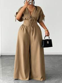 Maweii Plus Size Elegant Short Sleeve V-Neck Drawstring Jumpsuit - Khaki - View 1
