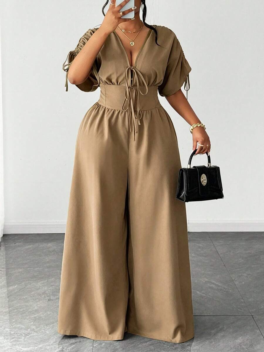 Maweii Plus Size Elegant Short Sleeve V-Neck Drawstring Jumpsuit - Khaki - View 1