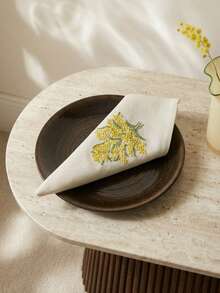 Cirelle Embroidered Mimosa Napkins, Yellow Floral Botanical Table Decor, Hand-Embroidered Washable Cloth Napkin For Spring Dining, Wedding & Tea Party - Multicolor - View 5