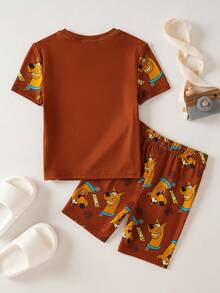 SCOOBY-DOO X SHEIN Bộ đồ mặc nhà tay ngắn cổ tròn in họa tiết dễ thương cho bé trai - DOO - màu nâu - Xem 2