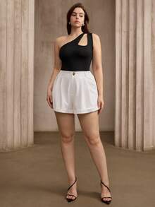 Flouryn New Spring/Summer Asymmetrical Shoulder Brown Fitted Top And Shorts 2 Pieces Set, Plus Size Gym - Multicolor - View 3