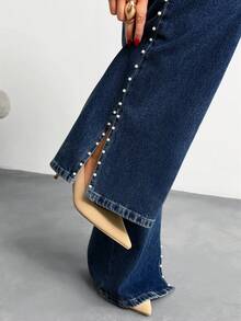 EURMUSE Pärljeans med hög midja och vida ben i denim med sidoslits - Mörktvätt - Visa 3