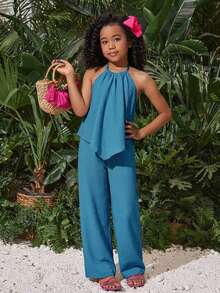 SHEIN 2pcs/Set Teen Girls Loose Halter Neck Tank Top + Long Pants Suit,Summer,Vacation,Holiday Fashionable Casual Versatile Outfit For Party,Sister Photo - Blue - View 3