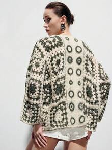 SHEIN Áo khoác cardigan dáng rộng tay cánh dơi khoét rỗng dành cho nữ - Màu xanh lá cây đậm - Xem 5