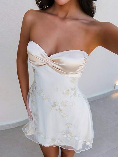 Glamine Women's Cream Floral Embroidered Satin Patchwork Mini Dress, Strapless Twist Knot, Sexy Open Back Butterfly Tie, Sheer Mesh Top Decorated With Delicate White Floral Embroidery, Spring Wedding Guest And Party Wear, Spring/Summer Mini Dress, Wedding Guest Dress, Cocktail Party Dress, Date Night Outfit, Vacation/Casual Wear, Bridal Shower Dress, Ball Gown/Event Dress