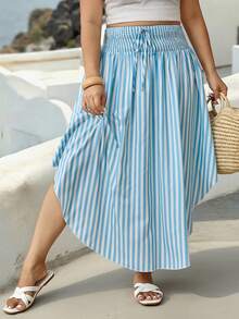 Parysyn Plus Size Women's Black And White Smocked Waist Drawstring Asymmetrical Handkerchief Hem Maxi Skirt Autumn Boho Bohemian Beach Vacation - Blue - View 3