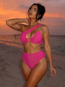 Swim SXY Hollow Out Solid Color Separated Bikini Set For Vacation, Summer Beach - Hot Pink - View 7