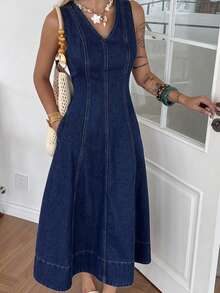 DAZY Đầm denim dài cổ chữ V dáng ôm dành cho nữ, thích hợp cho mùa xuân và mùa hè. - Màu xanh lam - Xem 6