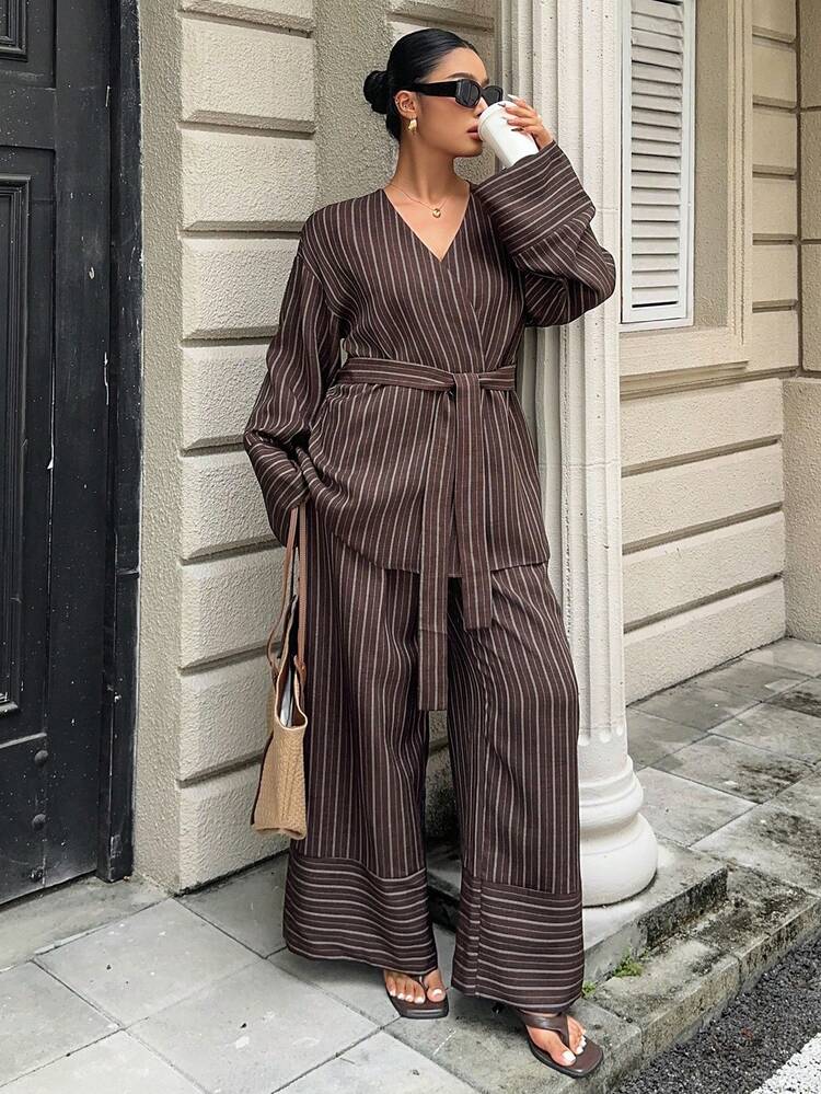 Dazy Plus Elegant Commute Office Holiday Outfit Easter Vacation Spring Summer V-Neck Casual Tie Top & Casual Striped Pants 2-Piece Set, Plus Size Brown Striped Suit Lounge Sets For Women