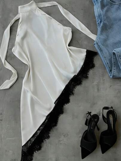 Glimmora 女士休闲蕾丝拼接露背吊带上衣，夏季