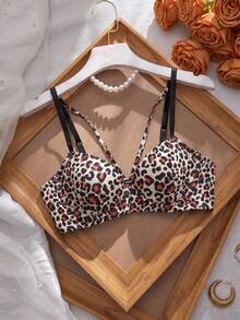 DAZY Leopard Print Adjustable Spaghetti Strap Lightly Padded Bra For Women - Black - View 6