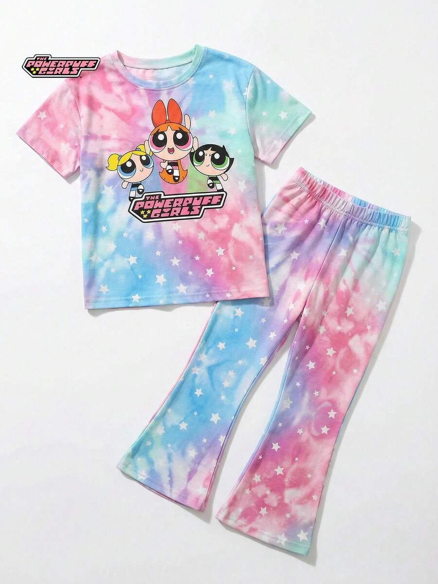 THE POWERPUFF GIRLS X SHEIN Maija Kids 两件套女童休闲卡通图案圆领短袖上衣和喇叭裤，适合夏季穿着 - 彩色 - 查看 1