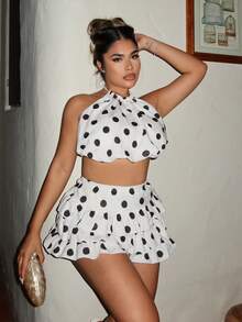Maria Perezxox Bộ đồ thời trang 2 món dành cho nữ: Áo croptop cổ yếm chấm bi và chân váy midi xòe. - Nhiều màu - Xem 3
