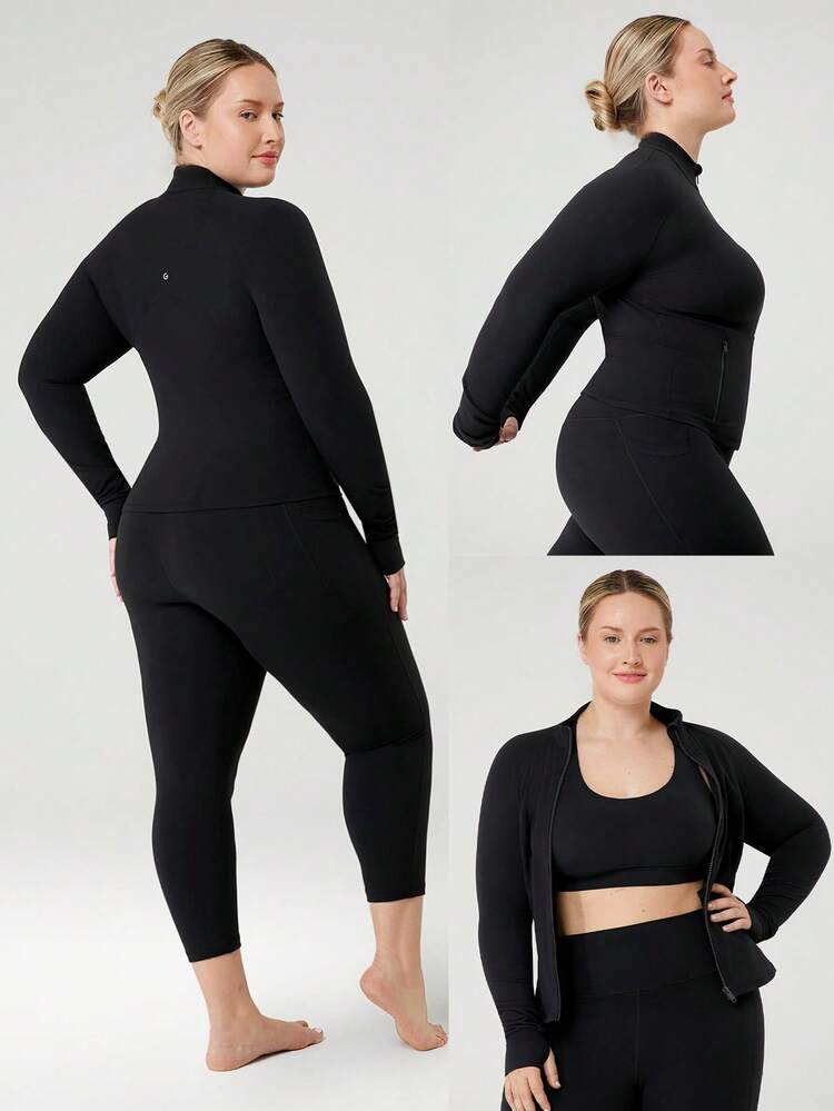 FeatherFit™ Plus Size Slim-It Streamline Performance Secure Pockets Zip Up Jacket Low Impact Yoga Pilates Daily Fall