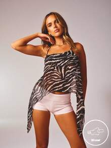 Aralina Summer Women's Fold Over Sheer Going Out Zebra Printed Party Holiday Vacation Tie Back Top - Black and White - View 1