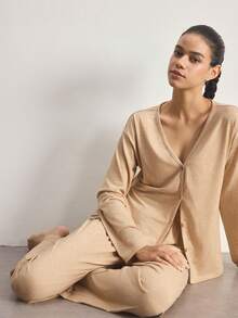 Ocili Minimalist Comfortable Collarless Soft Pajama Set For Women - Yellow - View 7
