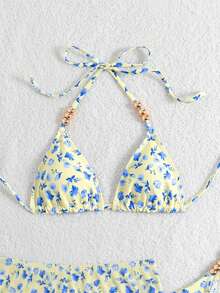 Swim SXY 3pcs Floral Print Halter Beaded Top, Tie-Front Swim Bottoms And Skirt Bikini Set - Multicolor - View 5
