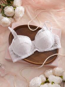 DAZY Adjustable Lace Spaghetti Strap Slightly Gathered White Bra, Women's Lingerie For Summer - White - View 11