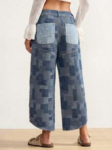 Bohemela Quần jeans nữ dáng rộng, phối màu jacquard, màu xanh dương. - Rửa trung bình - Xem 2