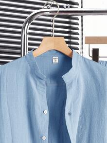 SHEIN Ensemble 2 pièces chemise à manches courtes et pantalon pour adolescents, col montant, décontracté, ample, polyvalent et confortable, rapport qualité-prix intéressant - Bleu ciel - Voir 4